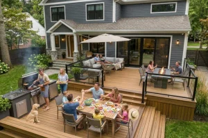 Family enjoying an outdoor meal and entertaining on a multi-level composite deck