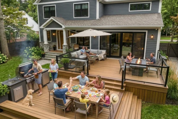 Family enjoying an outdoor meal and entertaining on a multi-level composite deck