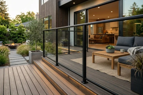 Modern multi-level backyard deck, composite boards with glass railing, built-in lighting, and outdoor seating