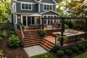 Two-story home with a multi-level deck, wood-toned decking, black pergola, string lights, outdoor lounge seating, and landscaped garden.