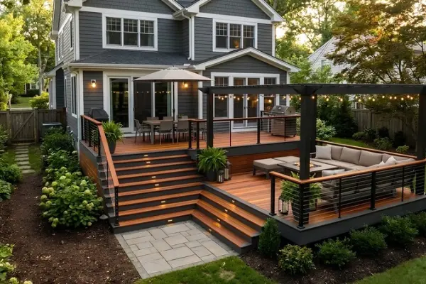 Two-story home with a multi-level deck, wood-toned decking, black pergola, string lights, outdoor lounge seating, and landscaped garden.